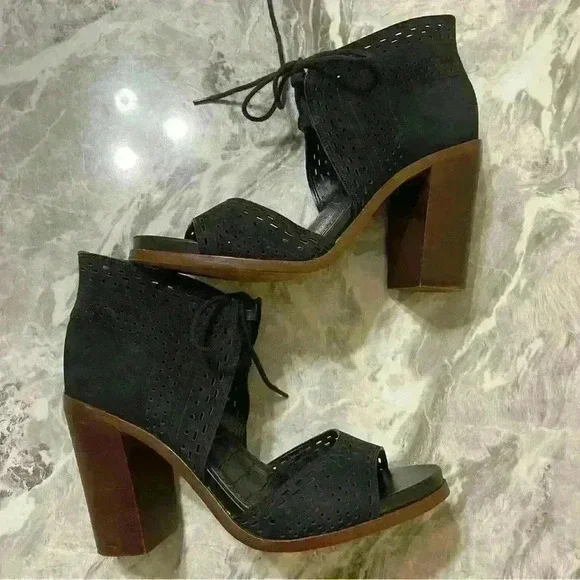 Gianni Bini Shoes Womens Size 9.5 Black Block Heel Lace Leather Peep Toe Cutout - Picture 5 of 12